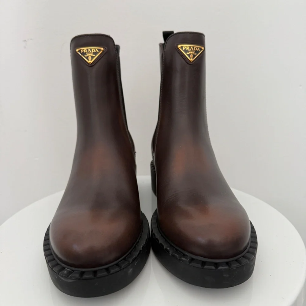 PRADA Chocolate Brown Brushed Leather Chelsea Ankle Boots Designer - Picture 1 of 12